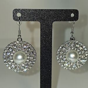 Rhinestone, Silver and Pearl Drop Earrings